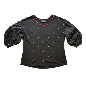 Fab'rik embroidered top puff sleeves black size S